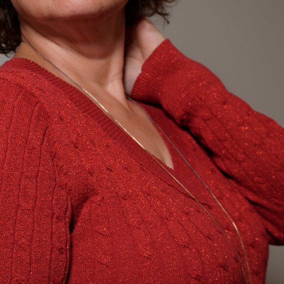 Sparkly Ruby Red V-Neck Pullover Sweater Size Large Holiday Christmas Party - Picture 2 of 8